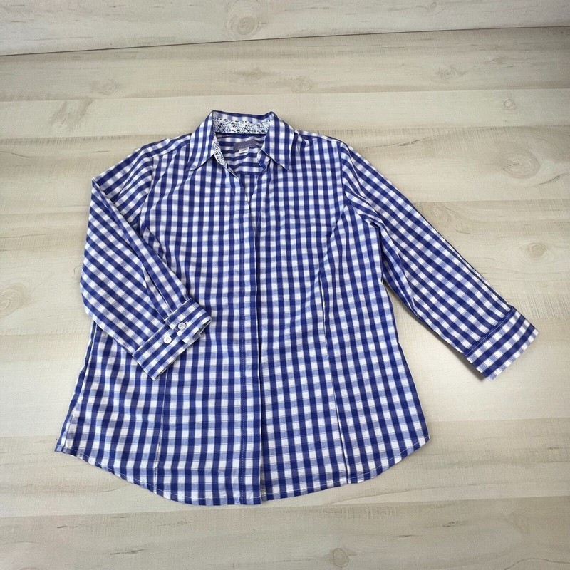 Laura Scott Womens Top Medium Purple Plaid 3/4 Sleeves Fitted Shirt Casual