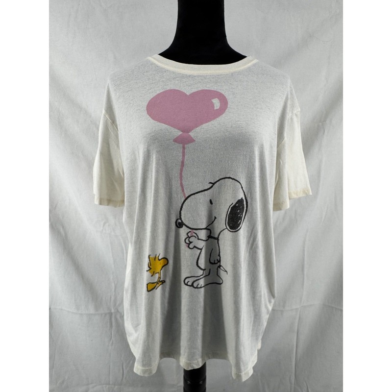 Peanuts Snoopy Woodstock Pink Heart Balloon Graphic Tee White Freeze Womens L