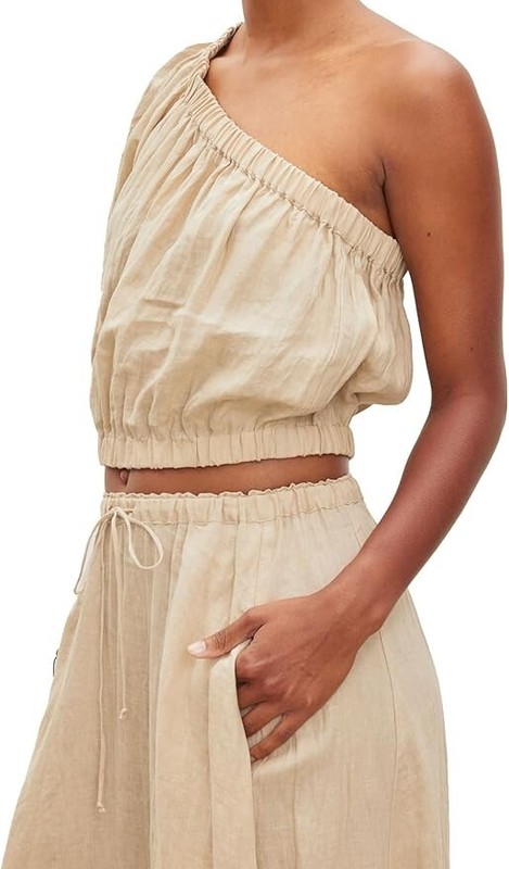 VELVET By Graham & Spencer Laleen One Shoulder Linen Blouse Biscuit S $166 H3 gallery