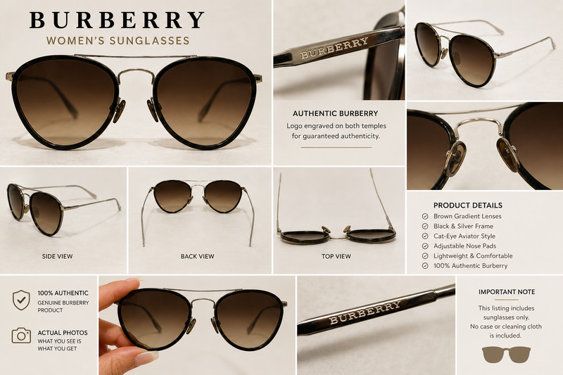 Authentic Burberry Women’s Cat-Eye Aviator Sunglasses Brown Gradient Lenses