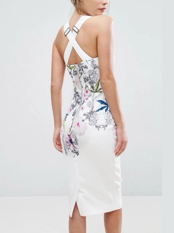 Ted Baker Scarlin Passion Flower Bodycon White Floral Print Midi Dress Garden