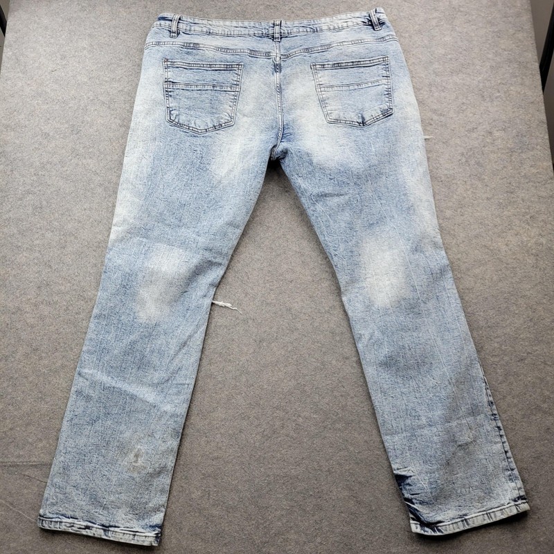 M.Society Jeans Mens 44x32 Light Acid Wash Blue Straight Distressed Denim Pants gallery