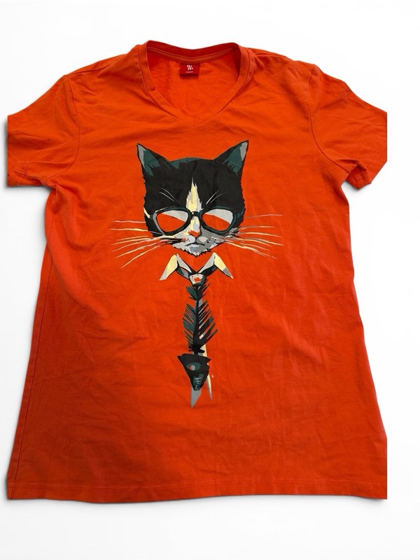 BiBiSama Anime Cat Tie T-Shirt Orange Cat With Fish Tie Size Small V Neck