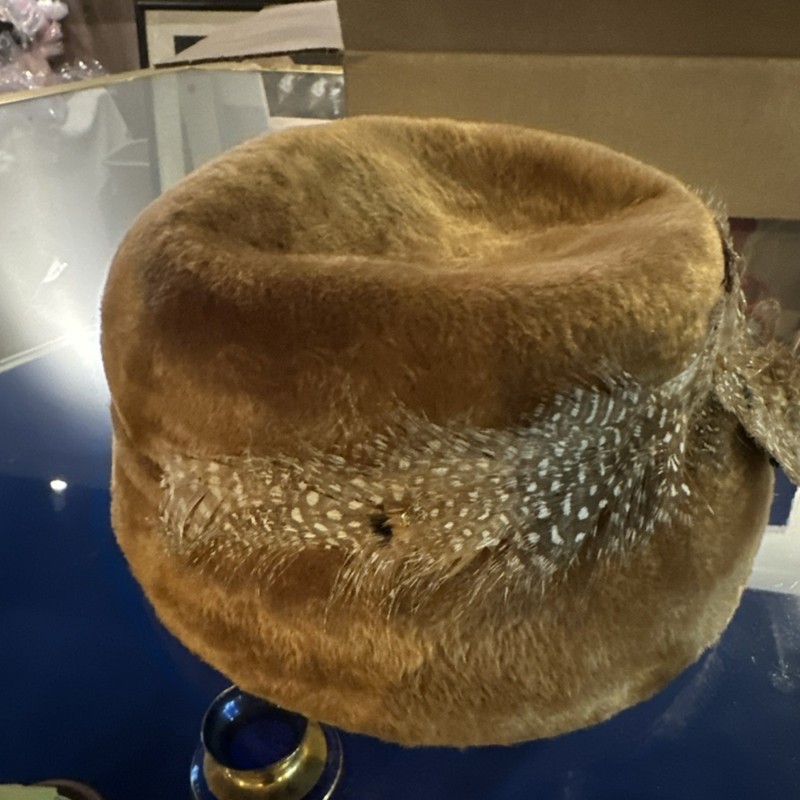 The Halle Bros. Co. Vintage Brown Fur Hat with Feather Accent Size 22