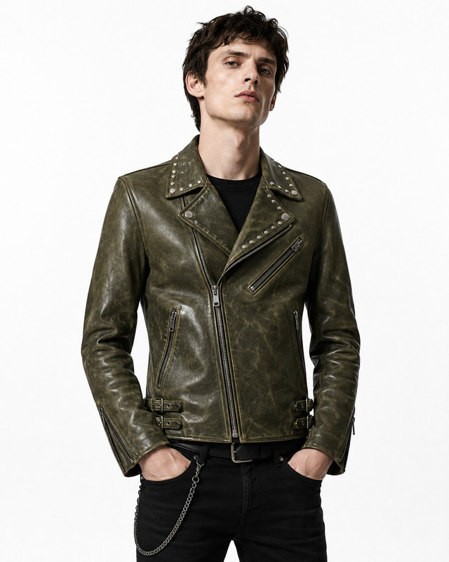 Men’s Olive Green Distressed Studded Leather Biker Jacket. Gift For Him/her