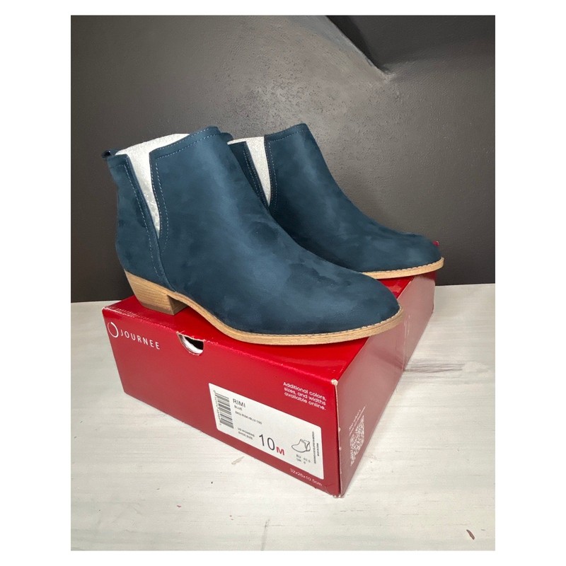 Journee Collection Rimi Ankle Bootie Blue Faux Suede Block Heel Size 10 M
