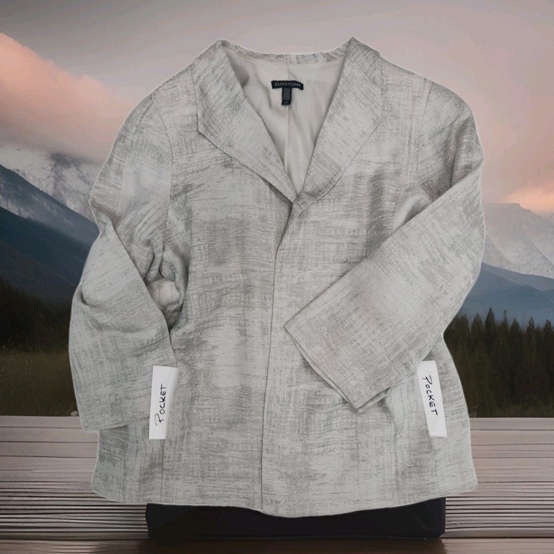 Silver Gray EILEEN FISHER Blazer Linen Blend Prep Minimal Jacket L. bust to 40″