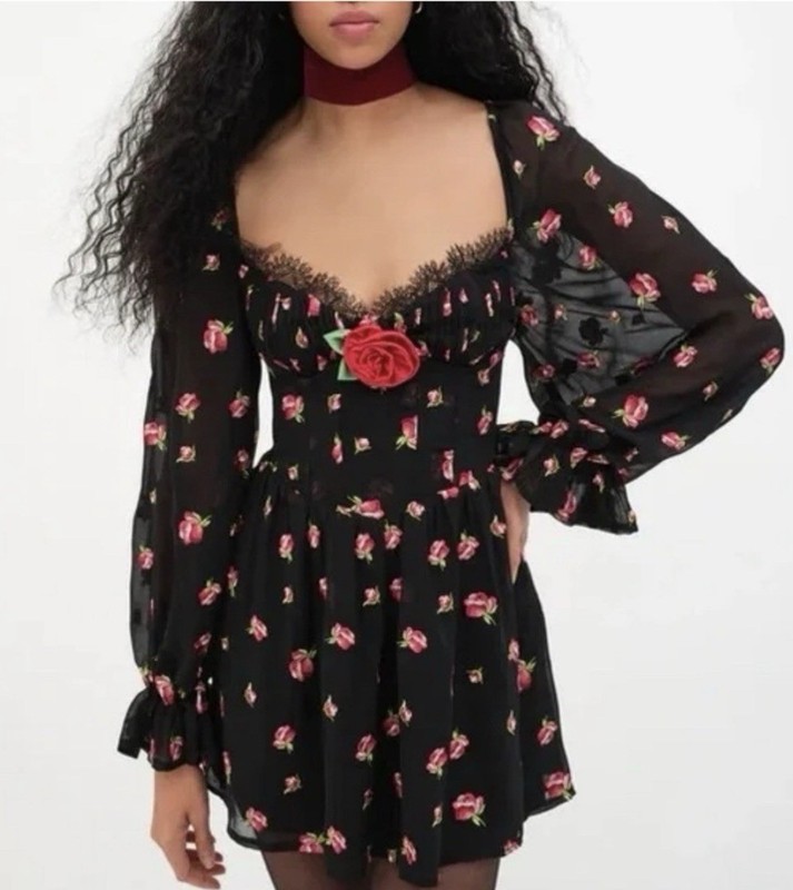 For Love & Lemons Dress Wren Fairy Goth Coquette Black Rose Whimsigoth XXS NEW