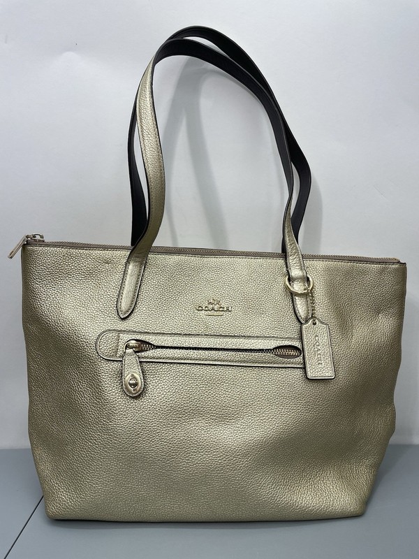 Coach Taylor Tote Shoulder Bag Zip Top Metallic Pebbled Leather Gold