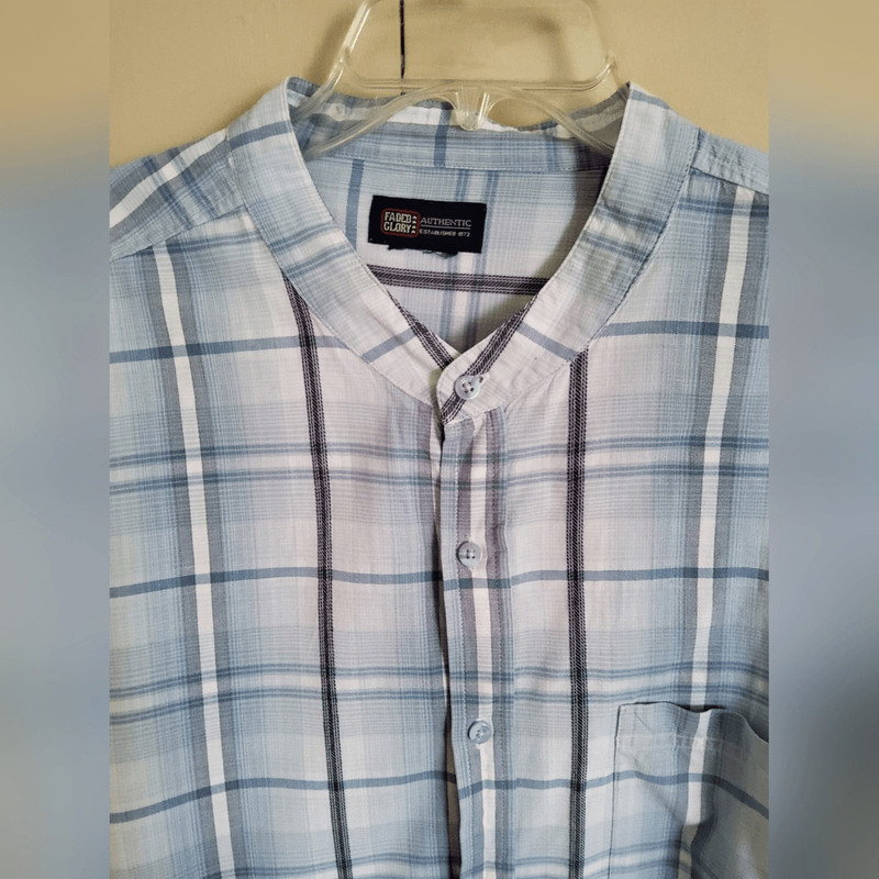 M2 FADED Glory Blue Plaid Men's Button Up Shirt w Band Collar & Long Sleeves gallery