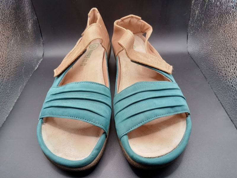 NAOT Papaki Teal Brown Open Toe Leather Sandals Hook & Loop Size 8 USA 39 EU gallery