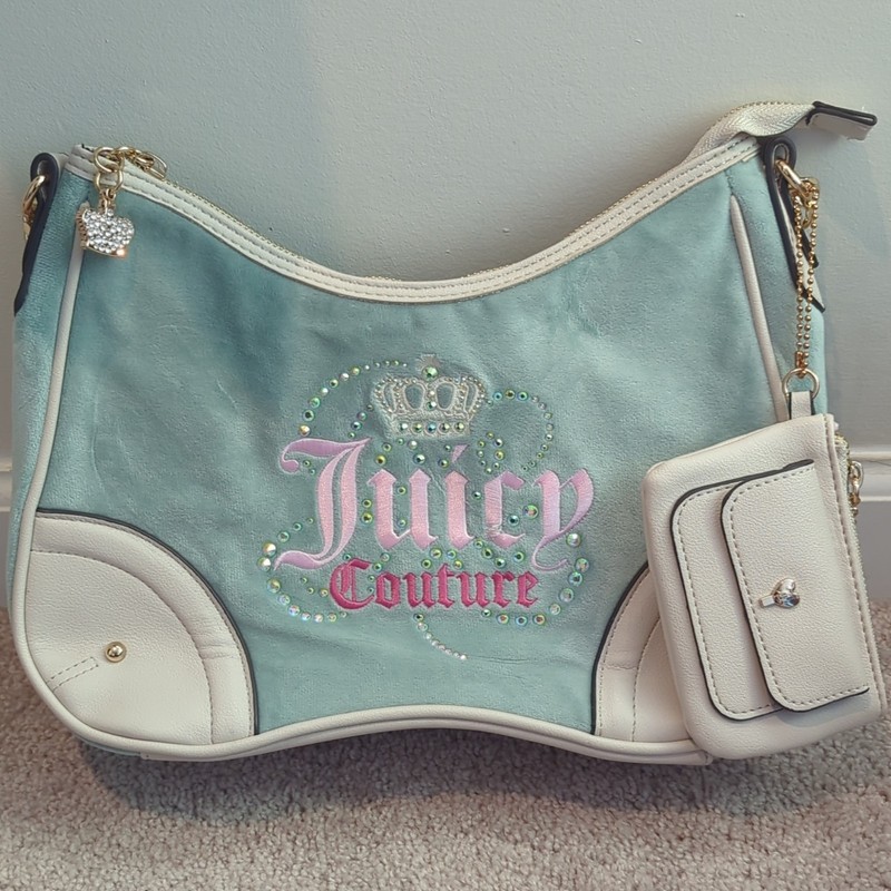 Juicy Couture Blue & White Logo Rhinestone Shoulder Bag w/ Coin Purse, Zip