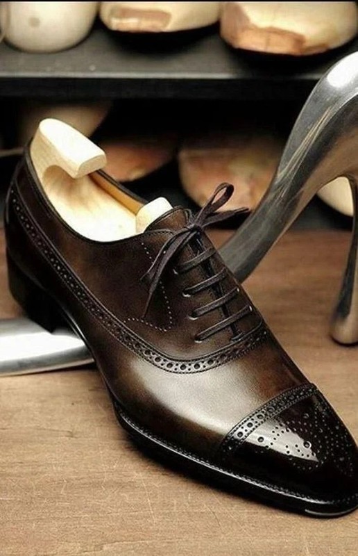 Men Handmade Leather Shoes Dark Brown Oxford Brogue Dress Shoes, Formal Shoes
