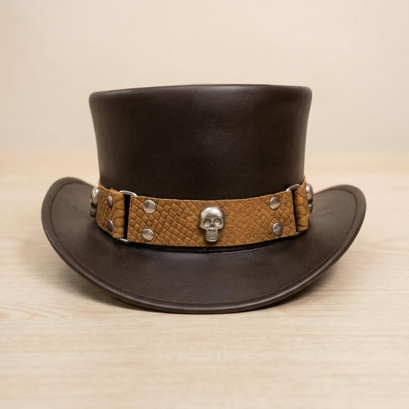 Handmade Black Leather Skull Top Hat Snakeskin Band Silver Rivets Gothic - New gallery