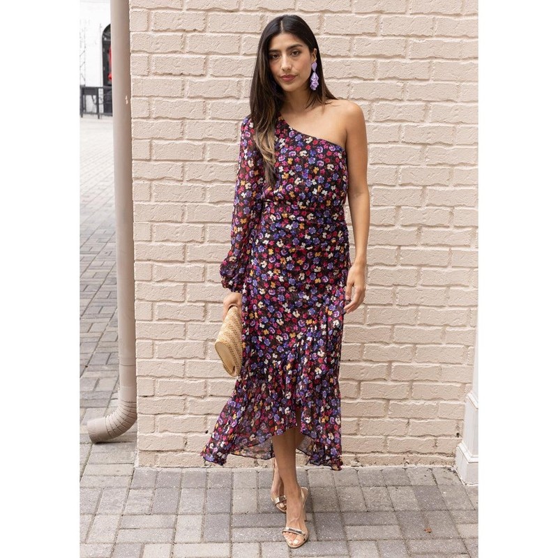 NWOT ASTR The Label Calista Floral Blue Red Ditsy One Shoulder Midi Dress L