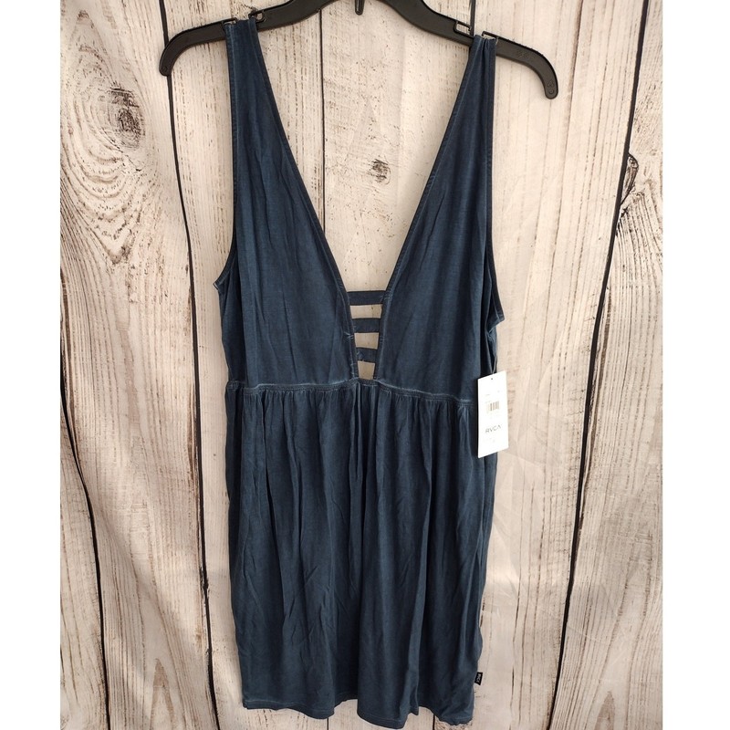 RVCA NEW Aries Mineral Wash Indigo Blue Plunging V-Neck Open Back Dress Large gallery