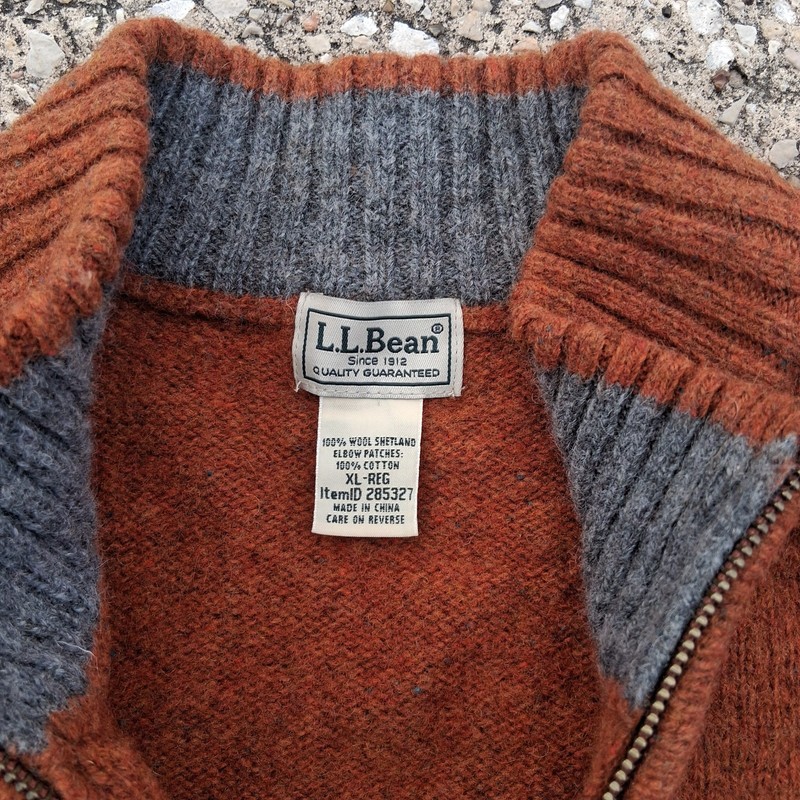 LL Bean XL 100% Shetland Wool 1/4 Zip Sweater Green w/ Elbow Patches gallery