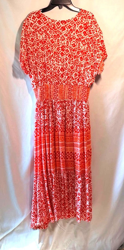 J Gee Orange & White Bohemian Midi Dress, Size Large, Lined, Summer Casual gallery