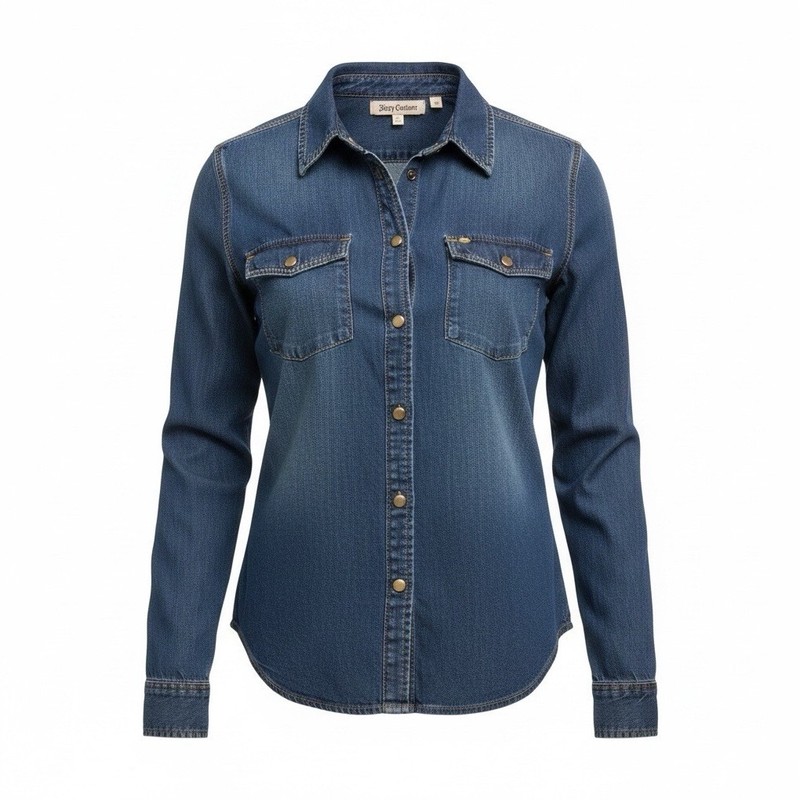 Juicy Couture Women’s Blue Solid Denim Button-Up Collared Long Sleeve Shirt S