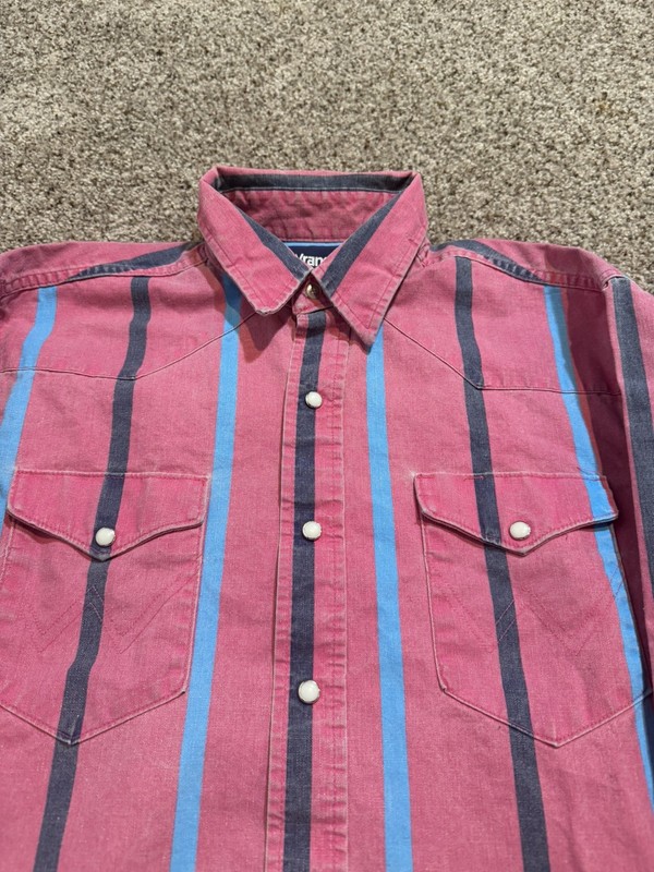 Vtg Wrangler Brushpopper Shirt Mens Medium Pink Teal Stripe Western Pearl 90s