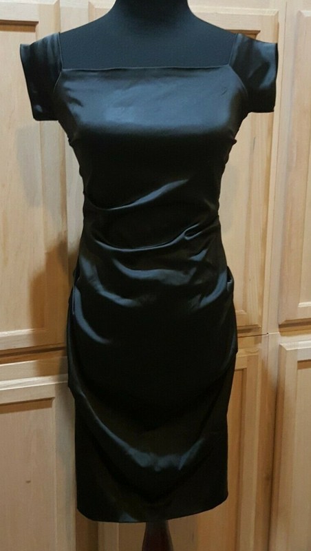 Betsy & Adam 018547 Black Stretch Satin Square Neck Ruched Dress, 8R - $169
