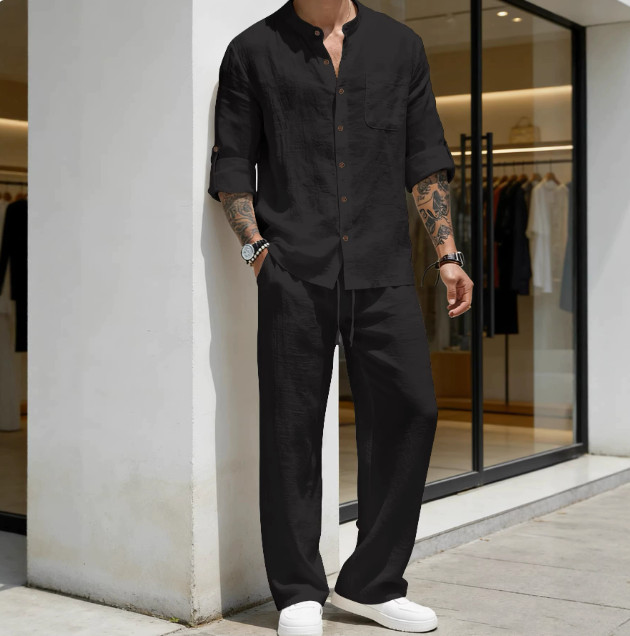 Mens 2-Piece Linen Blend Outfit Set Long Sleeve Henley Shirt and Pants Casual gallery