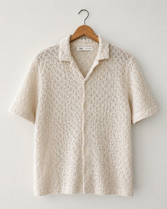 ZARA Men’s Beige Cotton Knit Short Sleeve Spread Collar Button-Up Shirt M
