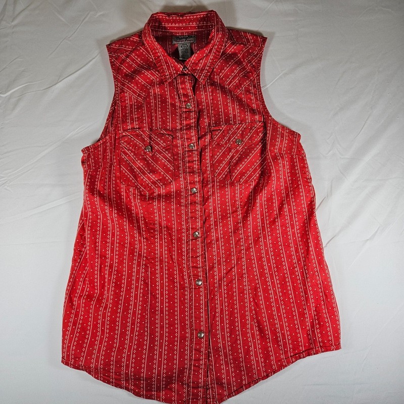 Wrangler Womens Sleeveless Western Pearl Snap Shirt Small Red White Calico Print
