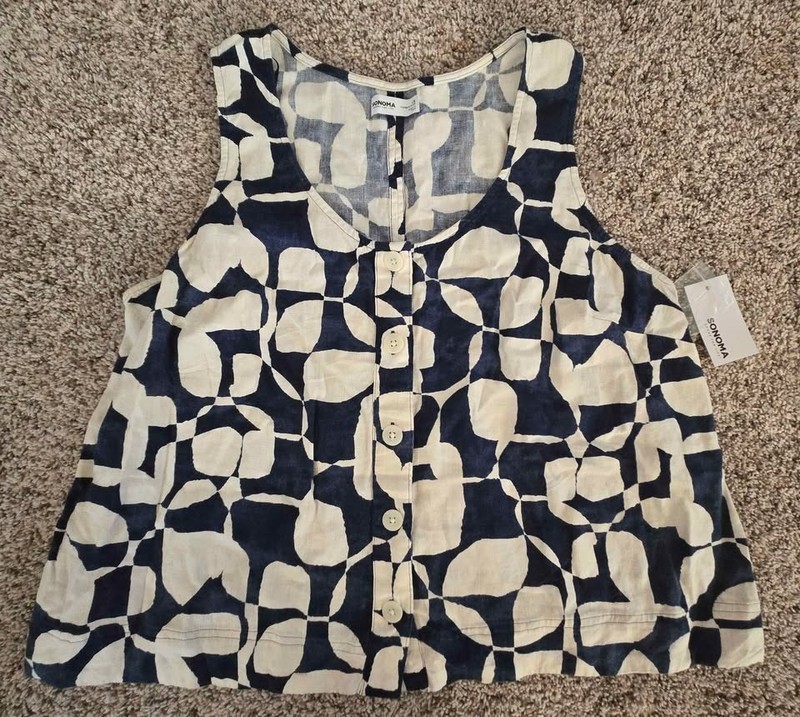 Sonoma NWT 1X Navy Cream Abstract Sleeveless Top