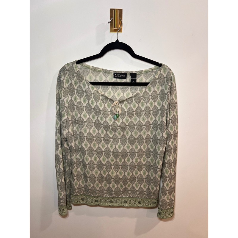 Vintage Y2K Boho Peasant Damask Green Long Sleeve Beaded Tassle Top- Large gallery