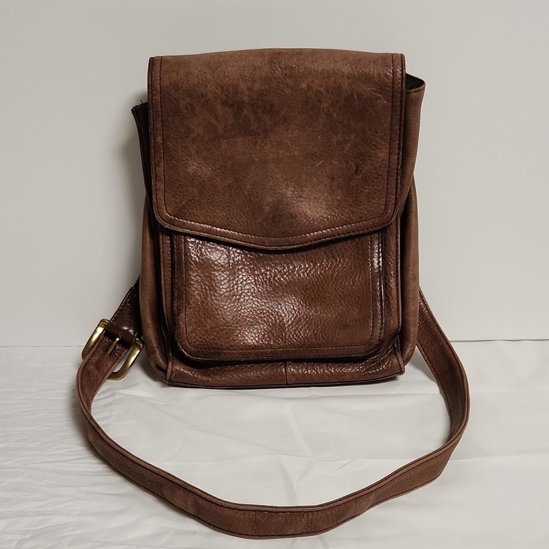 Fossil Brown Crossbody Vintage Bag Key Charm Magnetic Snap Adjustable Strap