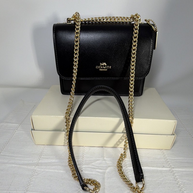 Coach Black Small Logo Crossbody Bag Chain Strap Gold HW Detachable Charm