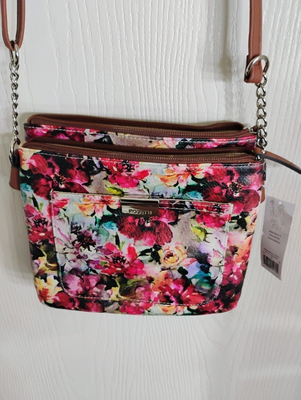 Rosetti Floral Multicolor Crossbody Bag Brown Strap Silver Hardware Zip Pockets