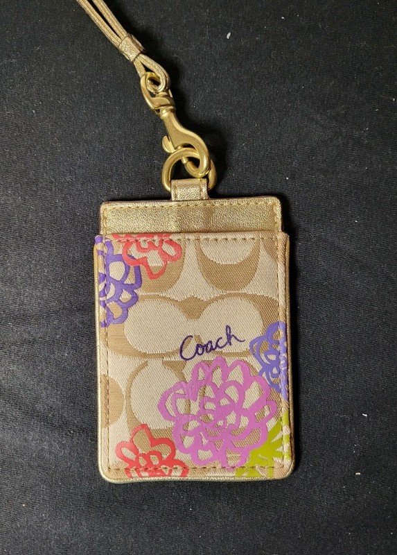 COACH ID Lanyard Leather Card Case Holder Daisy Poppy Applique 4900- See Photos!