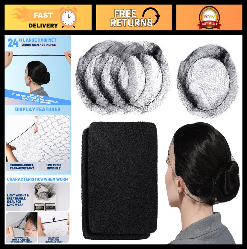 60 pcs Black Hair Nets for Food Service – Invisible Nylon Hairnets for Buns, 24