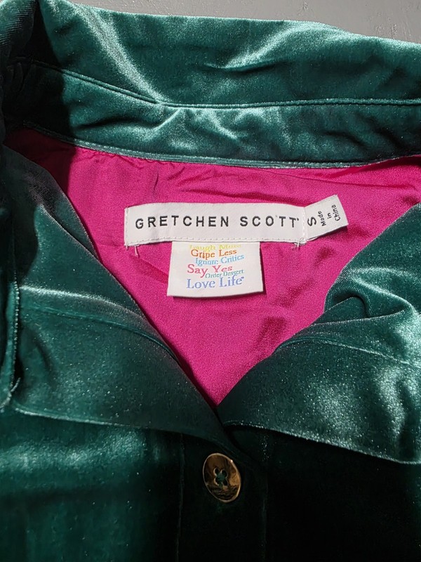 Gretchen Scott Twist & Shout Top Emerald Green Velvet Gold Button Pink Lining S gallery