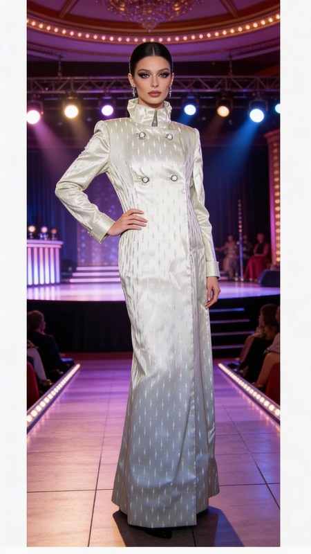 Vtg 80s Queen Cross Dresser Gown Brocade Silver Rhinestone Dress Maxi Nehru Coat