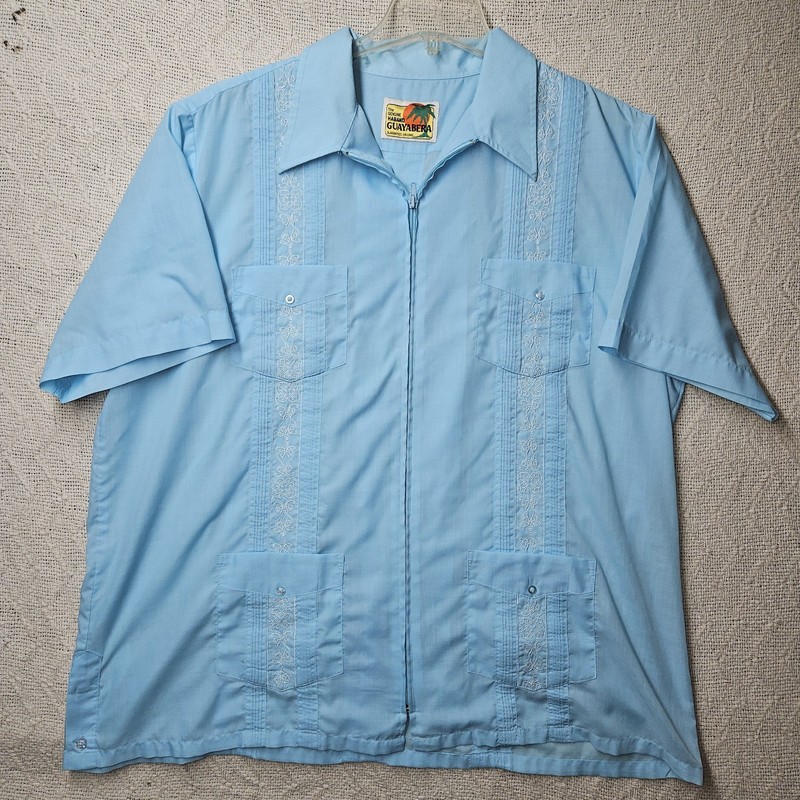 VTG Genuine Haband Guayabera Shirt Mens XL Blue Zip Front 4 Pocket Embroidered