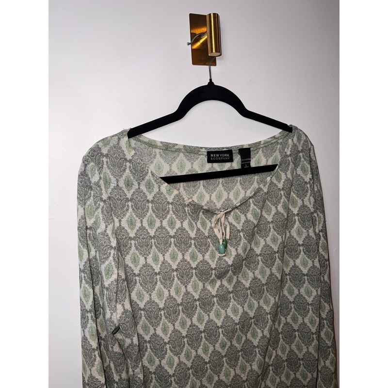 Vintage Y2K Boho Peasant Damask Green Long Sleeve Beaded Tassle Top- Large gallery