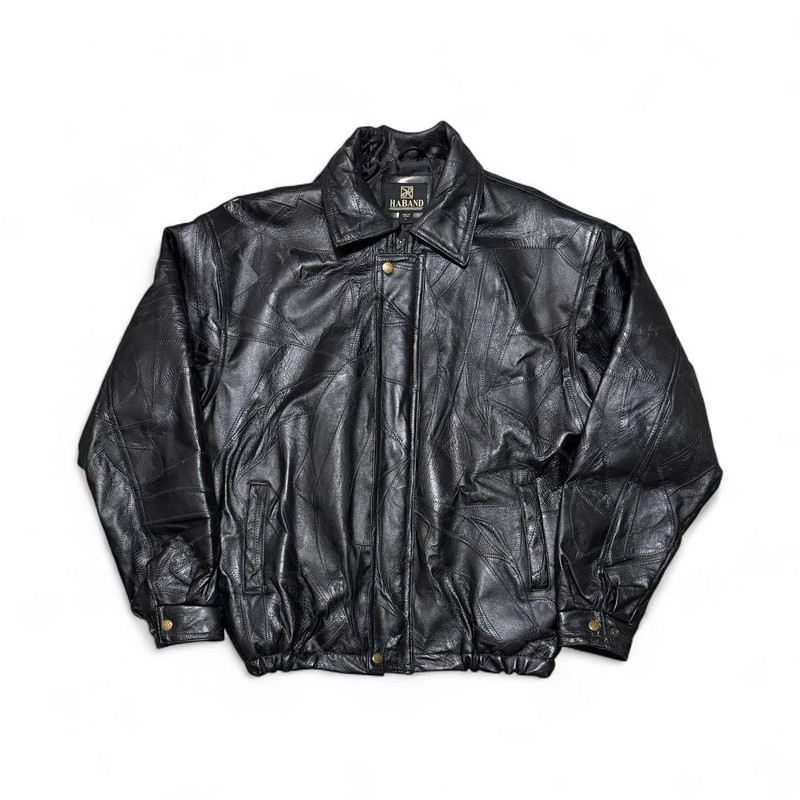 1990s Haband Men’s Patchwork Black Leather Bomber Jacket Spread Collar/ Size L
