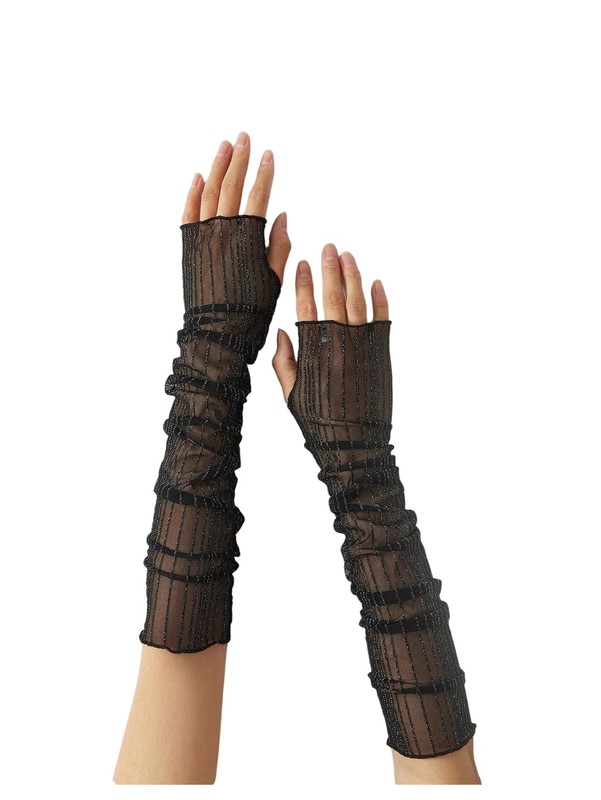 Women’s Glitter Lace Sheer Arm Sleeve Elbow Length Fingerless Long Tulle Glov…