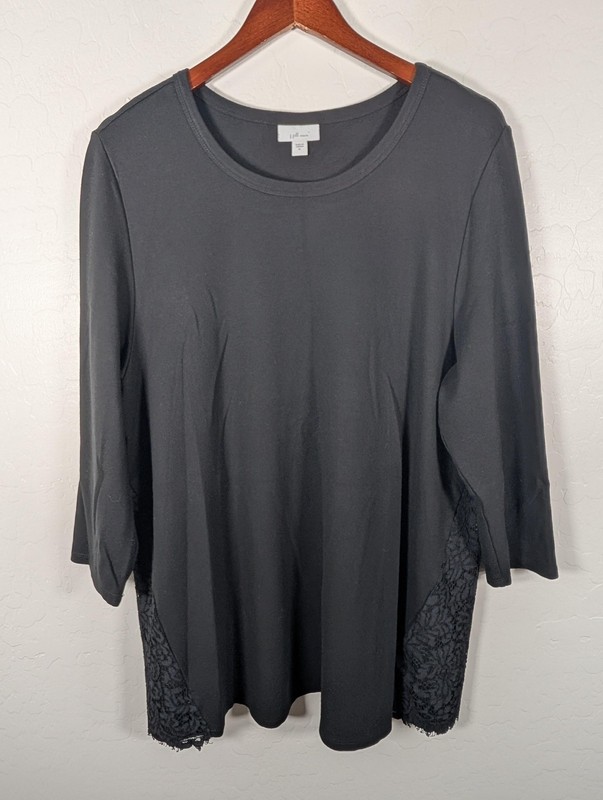J Jill Ponte Shirt Womens XL Black Floral Back Long Sleeve Tunic Top Stretch