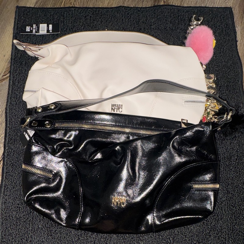 Nine West NYC Patent Shoulder Bag Black/White Zip Closure Silver Hardware Charm