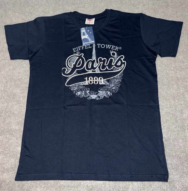 Paris Eiffel Tower Shirt Blue Tee France Vacation Travel Stitch Script Logo Sz M