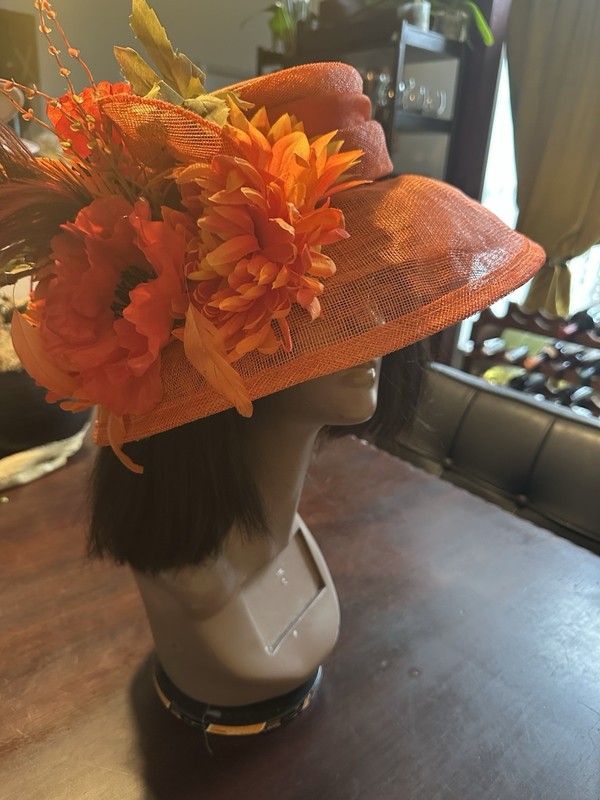 Derby, Wedding, Cocktail Party Orange Unique Hand Decorated Floral Hat gallery