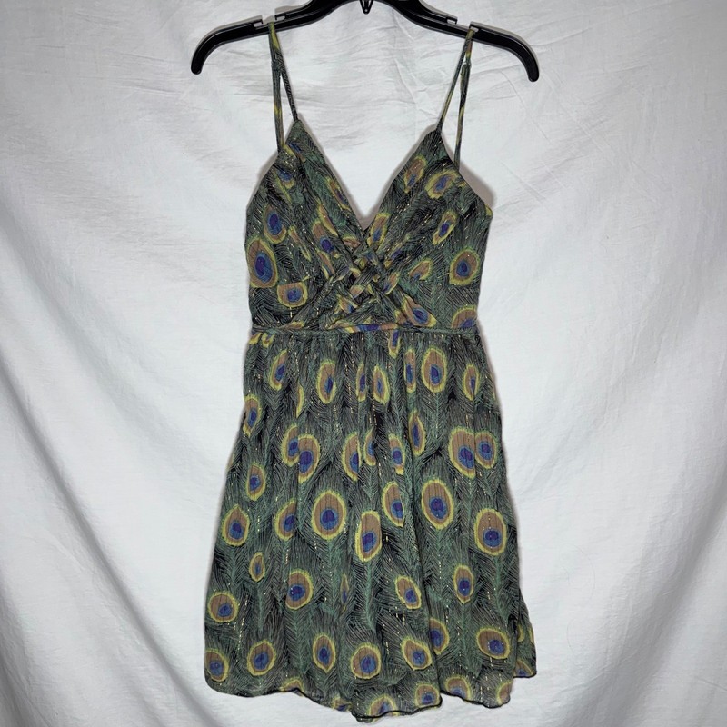 Pura Vida Peacock Feather Print Mini Dress Gold Metallic Cotton Green Blue Sz 6