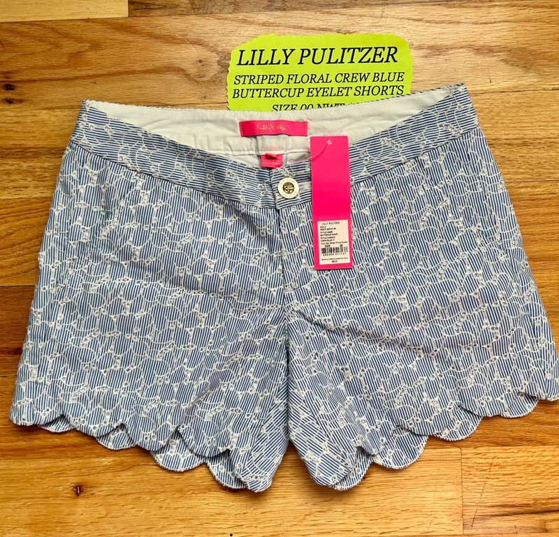 Lilly Pulitzer Buttercup Shorts Crew Blue Yarn Dye Stripe Floral Eyelet Sz 00 gallery