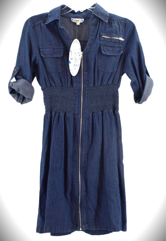 J Gee NWT Petite Small Chambray Shirt Dress Zip Front Smocked Waist Blue gallery