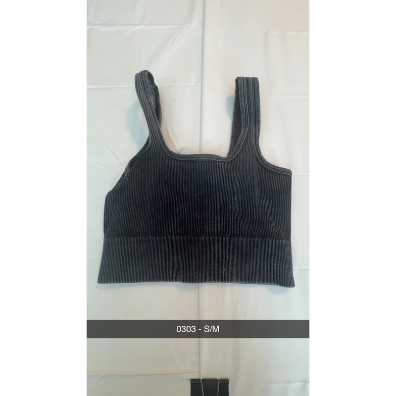Zenana Ribbed Mineral Wash Crop Tank Top Square Neck Dark Gray Black Womens S/M