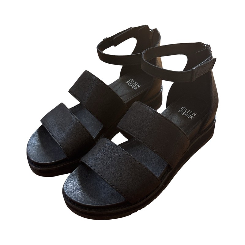 Eileen Fisher Women’s Keno Black Leather Platform Sandels Black Size 6 Zipper